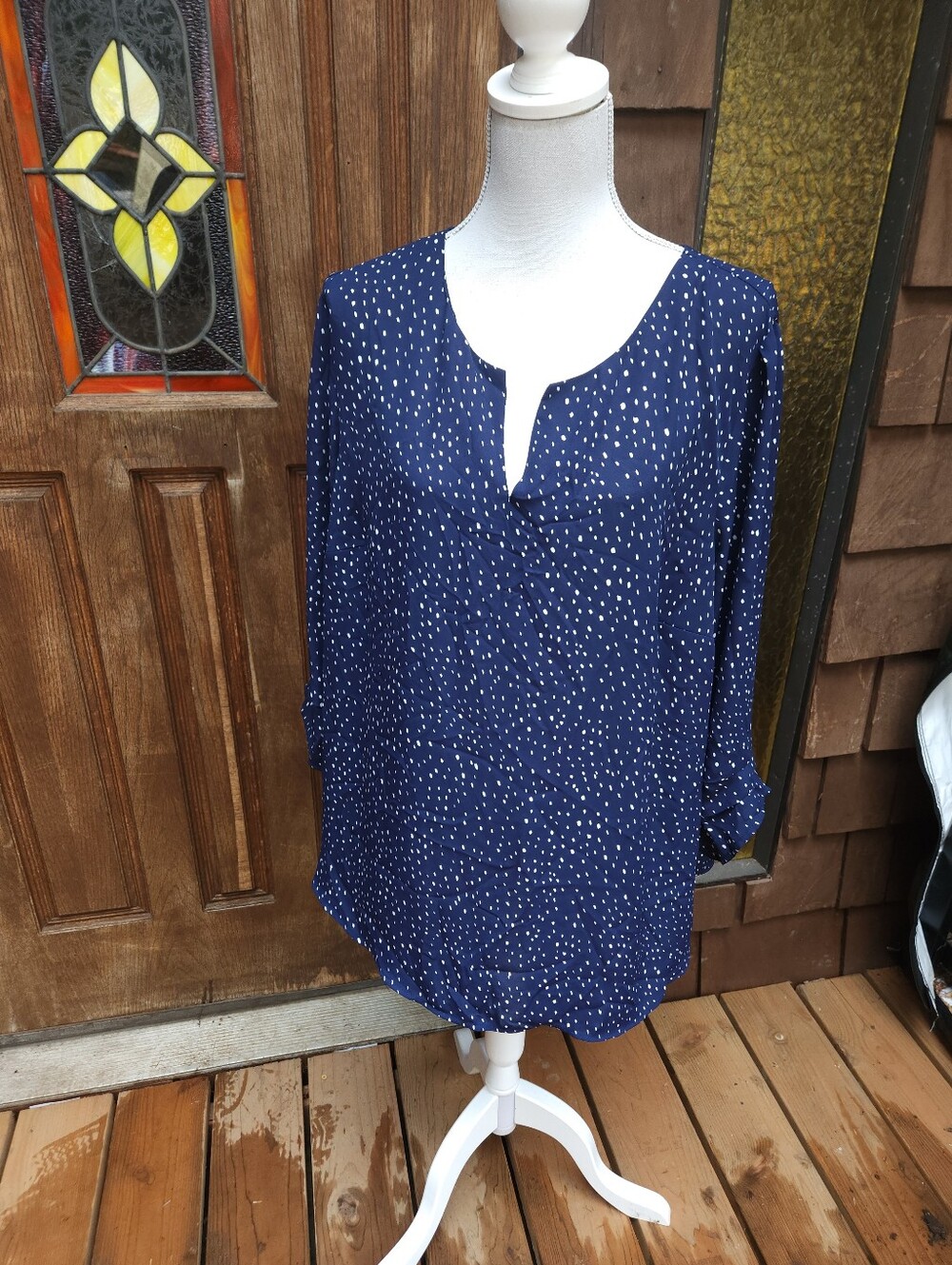 Size 3x-Women’s Navy Dot Split-Neck Blouse